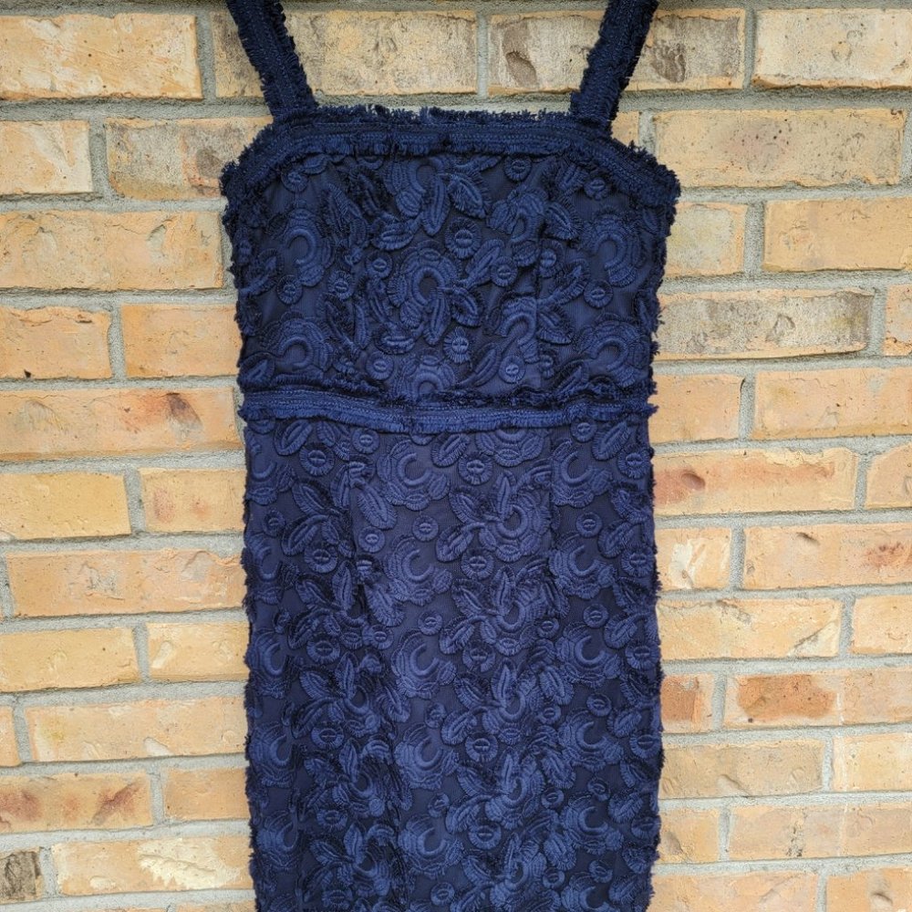 Trina Turk Gently Used Navy Embroidered Floral Fringe Sheath Cocktail Dress 2
